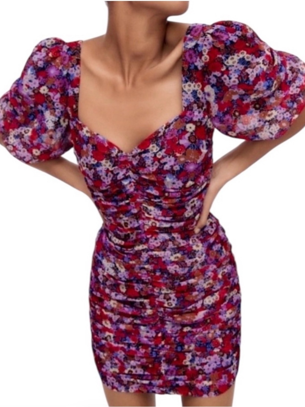 Zara Red & Purple Floral Puff-Sleeve Ruched Mini Dress